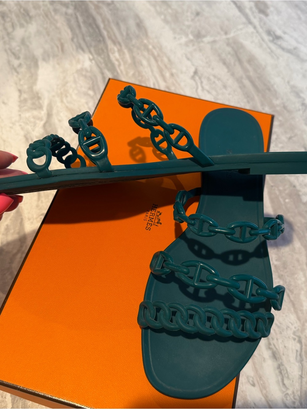 Hermès Rivage Teal Chain Strap Slides 37 - Picture 8 of 11